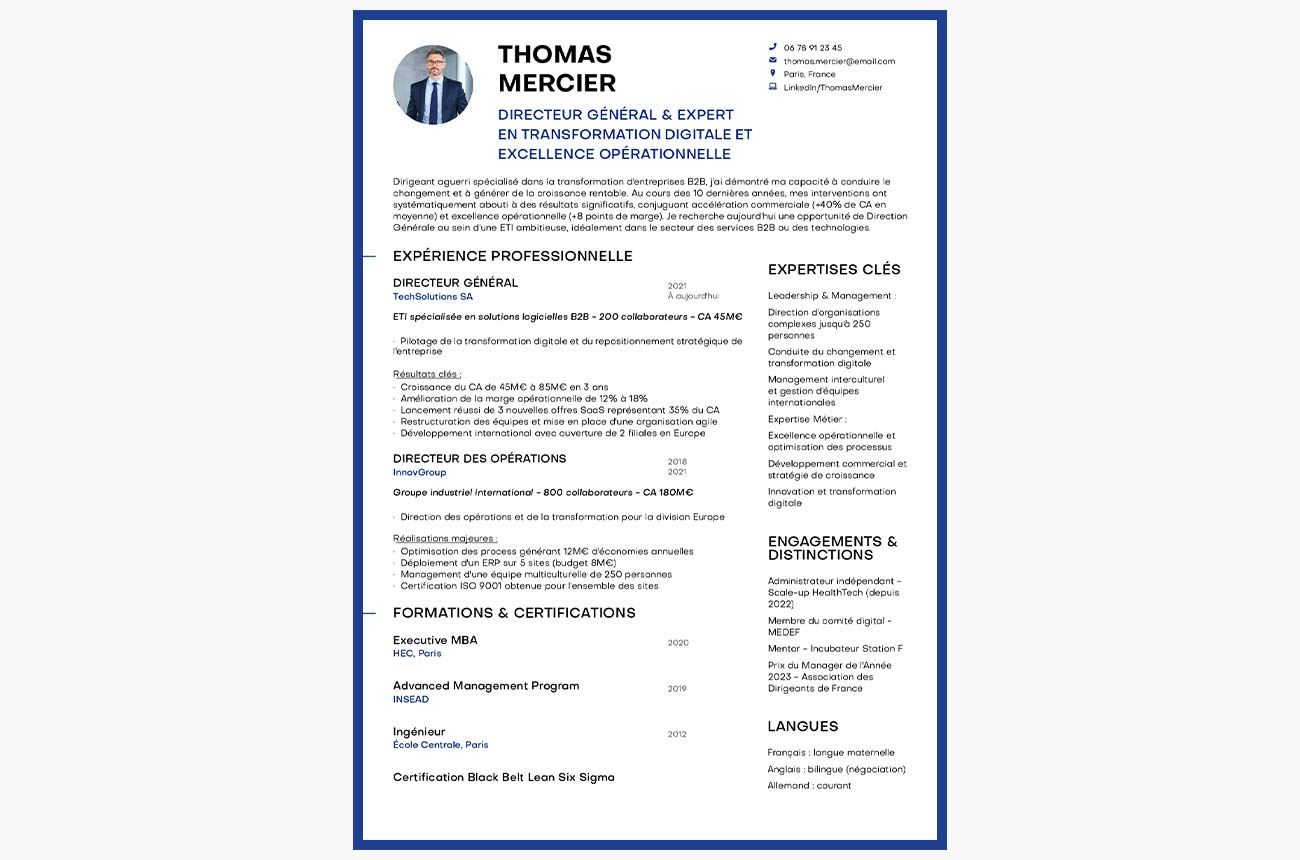 Exemple de CV de cadre dirigeant créé sur MakeMyCV